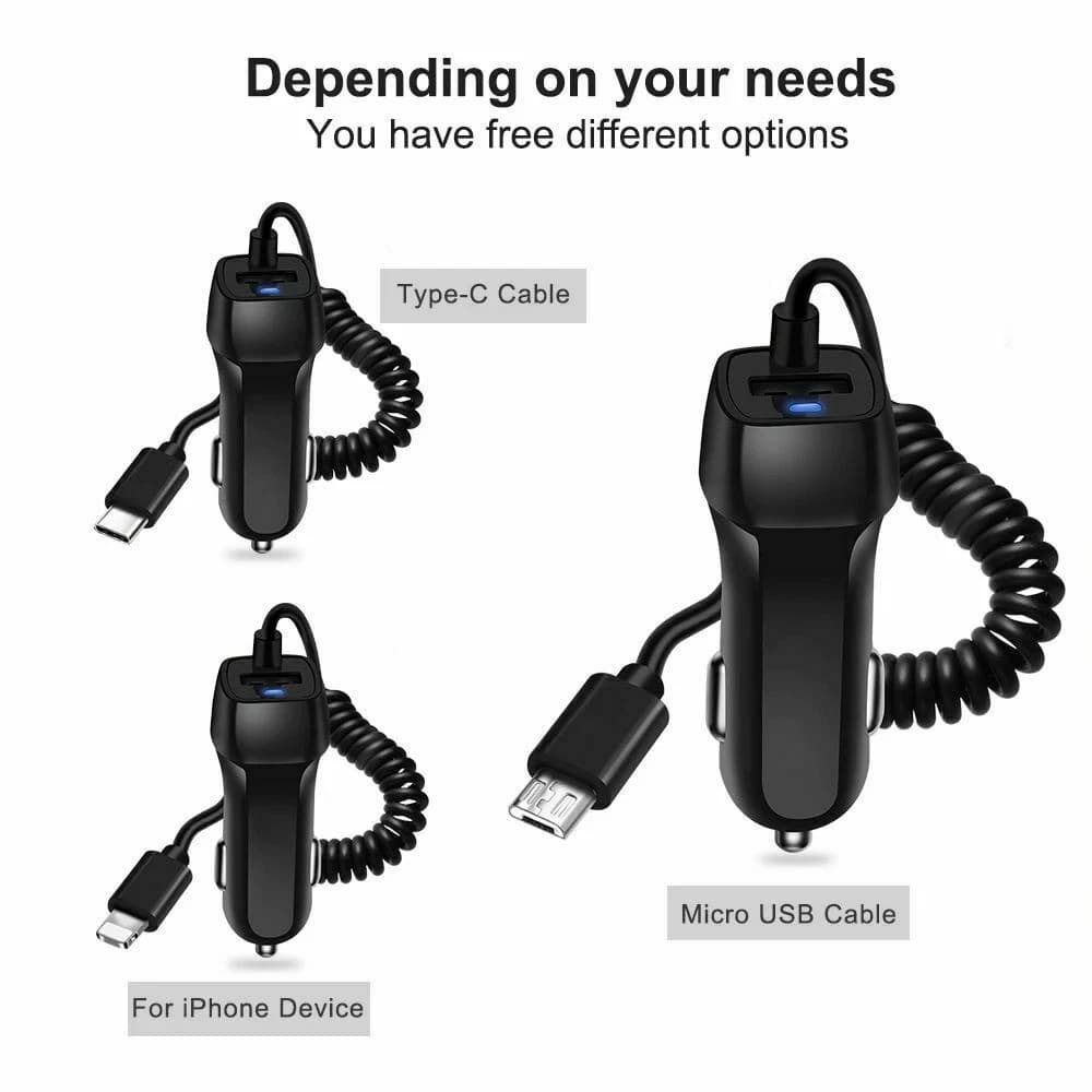 Car Charger Dual port with Cable Type-C Micro USB or 8 PIN for Samsung Huawai UK